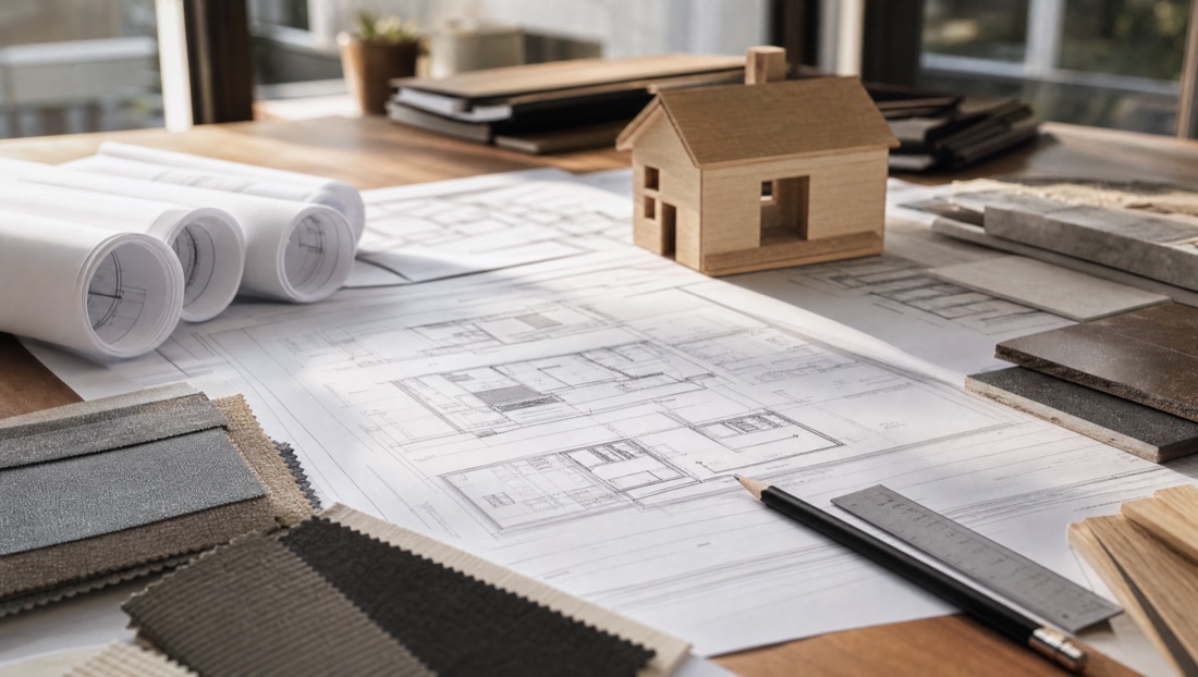 Custom home plans and finish samples on a designer's desk