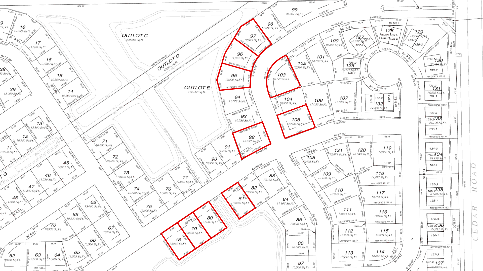 Cedar Pointe site plan with Alpha Development Group's 10 available lots outlined in red